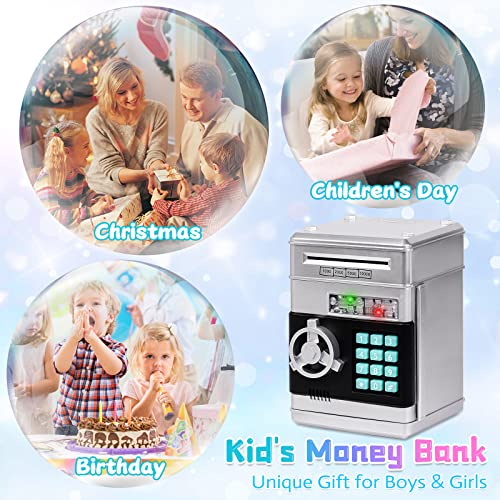 Refasy Kids Piggy Bank Safe for Girls Money Saving Box Password Cash Coin Can ATM Bank for Children Great Christmas Birthday Gift Toy, Silver