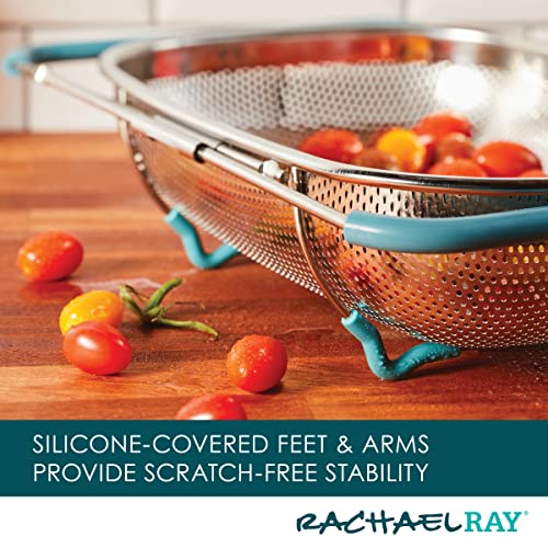 Rachael Ray Tools and Gadgets Over-The-Sink Colander/Strainer, 4.5 Quart, Stainless Steel with Agave Blue Handles