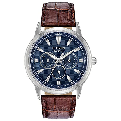 Citizen Men's Eco-Drive Corso Classic Watch in Stainless Steel with Brown Leather strap, Blue Dial (Model: BU2070-12L)