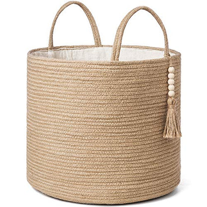 Mkono Woven Storage Basket Decorative Rope Basket Wooden Bead Decoration for Blankets,Toys,Clothes,Shoes,Plant Organizer Bin with Handles Living Room Home Decor, Jute, 16" W × 13.8"L