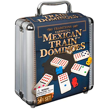 Mexican Train Dominoes Set Tile Board Game in Aluminum Carry Case with Colorful Trains for Family Game Night, for Adults and Kids Ages 8 and up