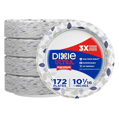 Dixie Ultra Paper Plates, 10 1/16 inch, Dinner Size Printed Disposable Plate, 172 Count (4 Packs of 43 Plates), Packaging and Design May Vary, Blue,White