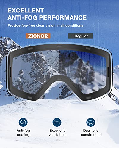 ZIONOR X11 Ski Snowboard Snow Goggles with Magnetic Interchangeable Cylindrical Lens Anti-fog UV Protection for Men Women Adult （Grey Revo Green Lens）