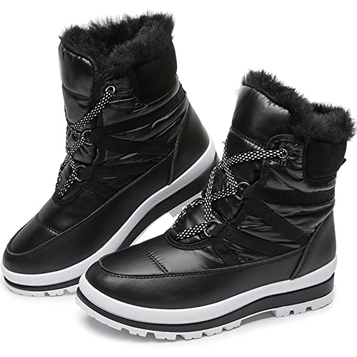 BABUDOG Womens Warm Fur Lined Mid-Calf Boots Waterproof Winter Snow Boots Non-slip Lace up Combat Boots(Black.US10)