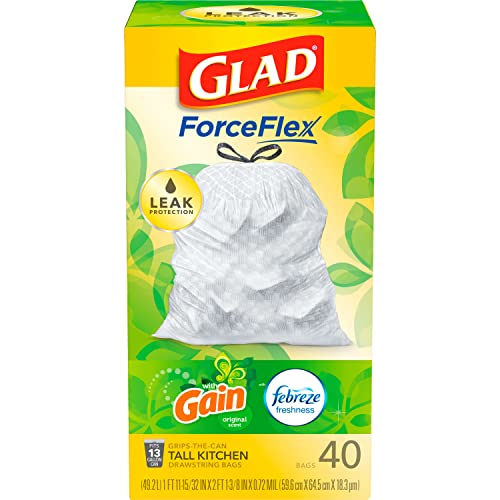 GLAD ForceFlex Tall Drawstring Trash Bags, 13 Gallon White Bags for Kitchen Can, Gain Original Scent to Eliminate Odors, 40 Count