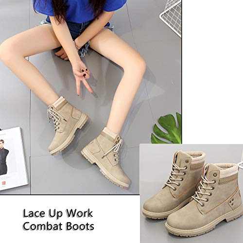 Athlefit Women's Work Waterproof Hiking Combat Boots Lace up Low Heel Booties Ankle Boots size 8 Khaki