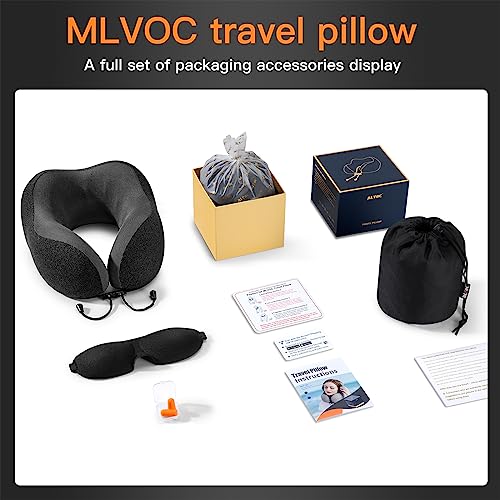 MLVOC Travel Pillow 100% Pure Memory Foam Neck Pillow, Comfortable & Breathable Cover, Machine Washable, Airplane Travel Kit with 3D Contoured Eye Masks, Earplugs, and Luxury Bag, Standard (Black)