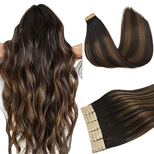 Tape in Hair Extensions Human Hair, Balayage Dark Brown to Chestnut Brown 50g 20pcs 18 Inch, DOORES Human Hair Extensions Natural Hair Extensions Remy Straight Hair Skin Weft