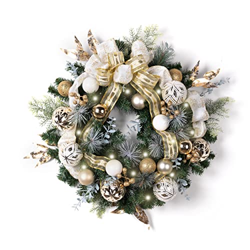 Valery Madelyn Pre-Lit Christmas Wreath for Front Door with Lights, 24 Inch Large Lighted Christmas Wreath with White Gold Xmas Ball for Fireplace Window Outdoor Table Centerpiece Holiday Decoration