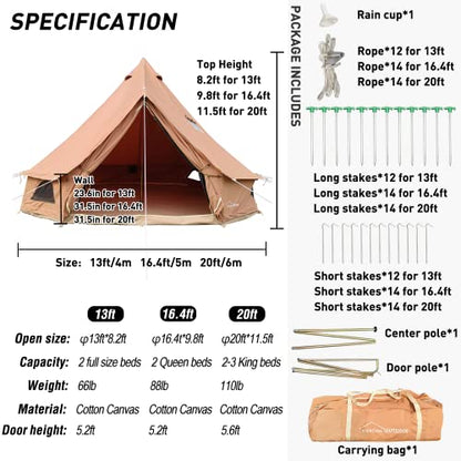 DANCHEL OUTDOOR B5 PROII Canvas Bell Tent with Sealed Jacks for Glamping, 4 Season Waterproof 100% Cotton Canvas Yurt Tent House for Living 6 Person Camping 16.4ft/5M Brown