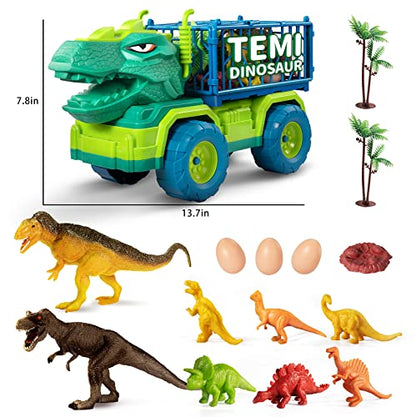 TEMI Dinosaur Truck Toys for Kids 3-5 Years, Tyrannosaurus Transport Car Carrier Truck with 8 Dino Figures, Activity Play Mat, Dinosaur Eggs, Capture Jurassic Dinosaur Play Set for Boys and Girls