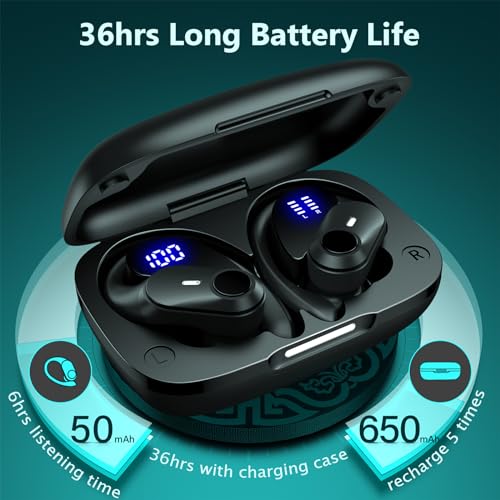 GOLREX Ear Buds Bluetooth Headphones Wireless Earbuds 36Hrs Playback Wireless Charging Case Digital Display Over-Ear Earphones with Earhook Waterproof Headset with Mic for Sport Running Workout Black