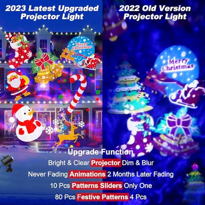 Brighter Christmas Decorations Projector Lights Outdoor 2023 Upgrade, Display 8 Patterns at a Time, 8 Themes Holiday Projector Light Show Outdoor