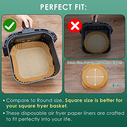 Air Fryer Paper Liners,125Pcs Parchment Paper, Air Fryer Disposable Paper Liner for Microwave, Non-Stick Air Fryer Liners Square Free of Bleach (8IN)