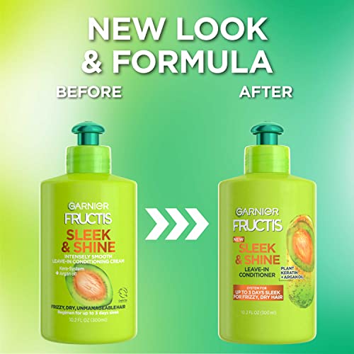 Garnier Fructis Sleek & Shine Leave-In Conditioning Cream for Frizzy, Dry Hair, Plant Keratin + Argan Oil, 10.2 Fl Oz, 1 Count (Packaging May Vary)