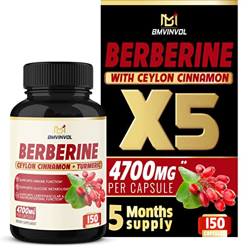 Berberine Supplement 4700mg - 5 Months Supply - High Potency with Ceylon Cinnamon, Turmeric - Supports Immune System, Cardiovascular & Gastrointestinal Function - Berberine HCl Supplement Pills