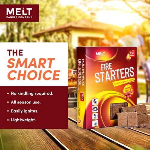 Fire Starter Squares 160 - Fire Starter Pack for Chimney, Grill Pit, Fireplace, Campfire, BBQ & Smoker - Water Resistant and Odourless - Camping Accessories