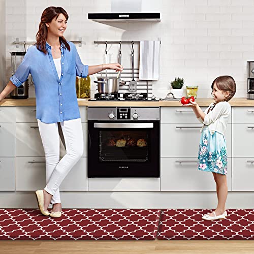 KMAT Kitchen Mat [2 PCS] 0.47inch Cushioned Anti-Fatigue Kitchen Rug, Waterproof Non-Skid Kitchen Mats and Rugs Heavy Duty PVC Ergonomic Comfort Standing Mat for Kitchen, Floor Home, Office, Sink, Red