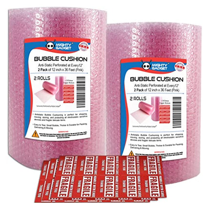 2 Pack of Mighty Gadget Bubble Cushioning Wrap Rolls, 12" x 72’ ft Total, Perforated Every 12" for Packaging, Shipping, Mailing Free Bonus Fragile Stickers Included (Pink Antistatic)