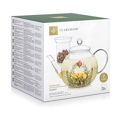 Teabloom Stovetop & Microwave Safe Teapot (40 oz) with Removable Loose Tea Glass Infuser – Includes 2 Blooming Teas – 2-in-1 Tea Kettle and Tea Maker