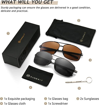 SUNGAIT Ultra Lightweight Rectangular Polarized Sunglasses UV400 Protection (Black Frame Brown Lens+Gunmetal Frame Gray Lens)