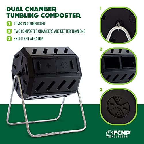 FCMP Outdoor IM4000 Dual Chamber Tumbling Composter Canadian-Made, 100% Recycled Resin - Outdoor Rotating Compost Tumbler Bin for Garden, Kitchen, and Yard Waste, Black (37 Gallon)