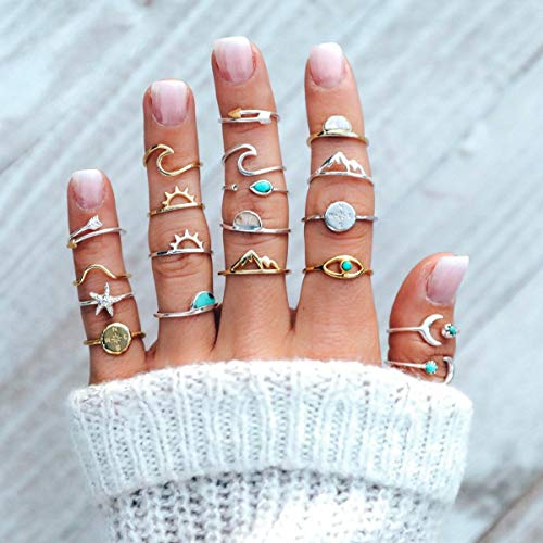 FUTIMELY Boho Retro Stackable Rings Sets for Teens Girls Women,Peak Sea Wave Compass Turquoise Rhinestone Knuckle Joint Finger Kunckle Nail Ring Sets (:1：19PC)