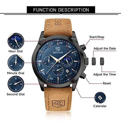 BY BENYAR Men's Watches Waterproof Sport Military Watch for Men Multifunction Chronograph Black Fashion Quartz Wristwatches Calendar with Leather Strap