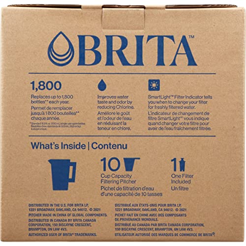 Brita Large Water Filter Pitcher for Tap and Drinking Water with SmartLight Filter Change Indicator + 1 Elite Filter, Reduces 99% Of Lead, Lasts 6 Months, 10-Cup Capacity, White