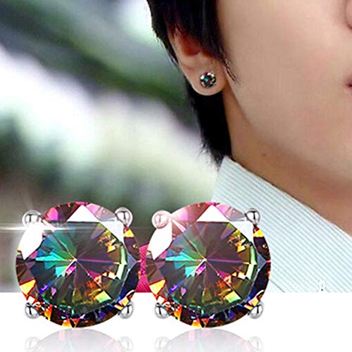 18K White Gold Plated Rainbow Quartz Stud Earrings Colourful Fashion CZ Created Mystic, Round Solitaire Mystic Earrings Hypoallergenic for Women Men Jewelry Gifts