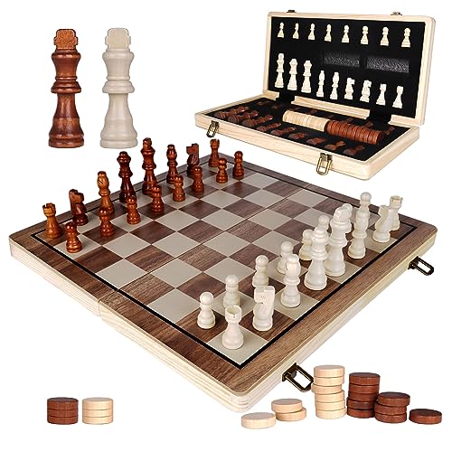 Demiwise 15" Wooden Chess Sets,Chess & Checkers Set with 2 Extra Queens,Foldable Wooden Chess Set Board for Adults and Kids,Handmade Portable Chess Board Game for Familly Travelling