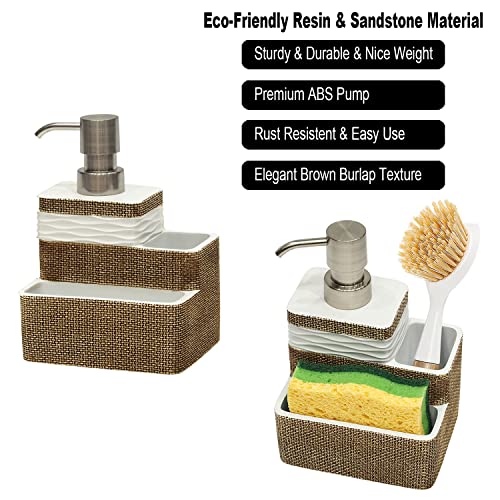 Suanti Kitchen Dish Soap Dispenser with Sponge Holder&Brush Holder for Sink Organize Eco-Friendly Resin Hand Soap Sponge Dispenser 3 in 1 Hold 11oz Liquid Dish Soap,Scrubber for Bathroom-Brown&White