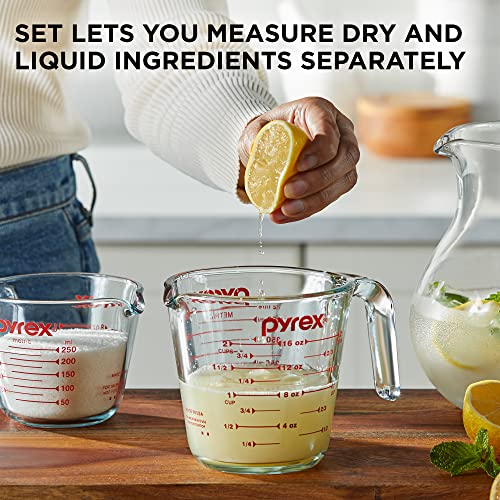 Pyrex 2 Piece Glass Measuring Cup Set, Includes 1-Cup, and 2-Cup Tempered Glass Liquid Measuring Cups, Dishwasher, Freezer, Microwave, and Preheated Oven Safe, Essential Kitchen Tools