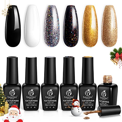 Beetles Black Gold Glitter Gel Nail Polish Set - 6 Colors Black White Silver Rose Glitter All Season Gel Polish Kit Soak Off Nail Uv Lamp Gel Kit Gel Nail Art Best Christmas Gift for Women
