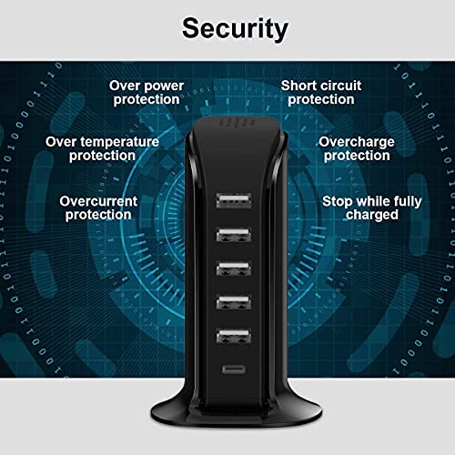 Charger Block 6 in 1 Upoy, 40W USB C Charger 3A, Charging Hub with 5 USB Ports(Shared 6A) for Multiple Electronics, USB Charging Station Multiports, Universal Desktop Phone Charger Travel Ready, Black