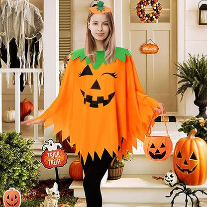 KOFECIT 3PCS Halloween Pumpkin Poncho for Women,Pumpkin Cape Costume with Headband and Candy Bag,Halloween Costume for Women Adults