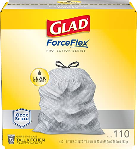 Glad ForceFlex Protection Series Tall Kitchen Drawstring Trash Bags, 13 Gal, 110 Ct, Pack May Vary