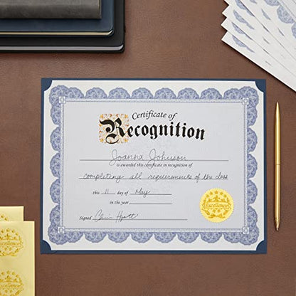 48 Sheets Blue Certificate of Recognition Award Paper with Gold Foil Sticker Seals for Graduation Diploma, Achievements, Employees (8.5 x 11 in)