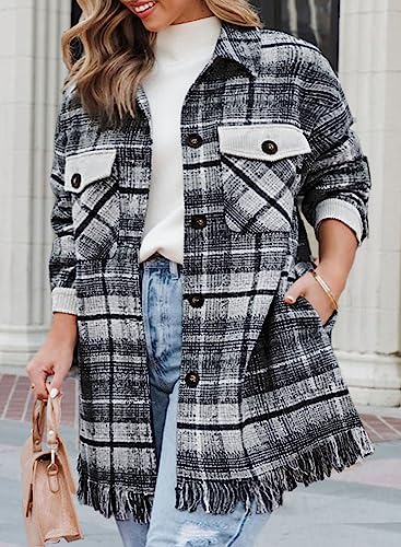 Eytino Women's Plus Size Corduroy Shacket Jacket Long Sleeve Button Down Plaid Tassels Long Flannel Shirts Tops,4X Black