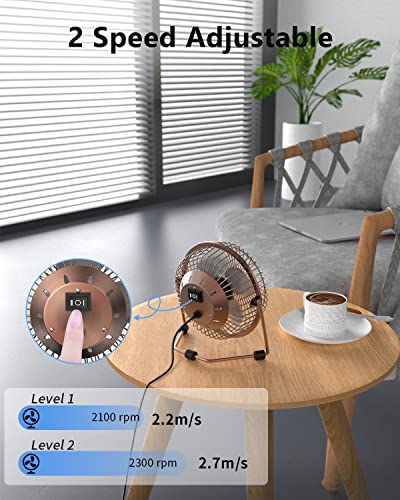 Zuvas Desk Fan Quiet Small USB Fan 360° Rotation Portable Table Fan 2 Speed Mini Personal Fan Air Cooling Electric Fan for Home Office Bedroom Travel Camping, 4 inch Bronze