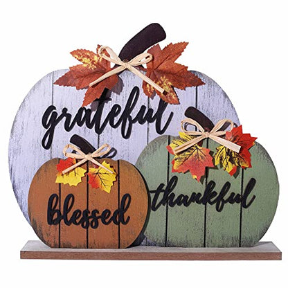 CYNOSA Fall Decorations for Home Blessed Grateful Thankful Sign Fall Decor Thanksgiving Decorations Wooden Pumpkin Tabletop Signs for Home Thanksgiving Farmhouse Living Room Harvest