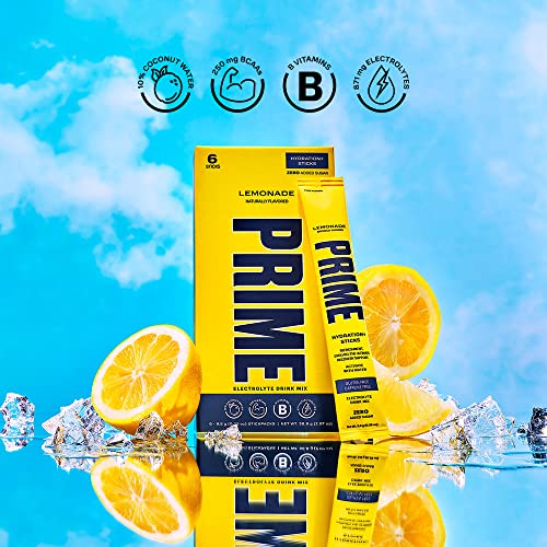 Prime Hydration+ Stick Pack | LEMONADE | 6 Sticks | Electrolyte Drink Mix | 10% Coconut Water | 250mg BCAAs | Antioxidants | Naturally Flavored | Zero Added Sugar | Easy Open Single-Serve Sticks