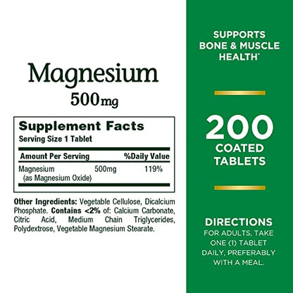 Nature’s Bounty Magnesium, Bone and Muscle Health, Whole Body Support, Tablets, 500 Mg, 200 Ct