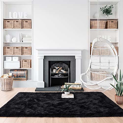 Noahas Fluffy Bedroom Rug Carpet,4x5.3 Feet Shaggy Fuzzy Rugs for Bedroom,Soft Rug for Kids Room,Plush Nursery Rug for Baby,Thick Black Area Rugs for Living Room,Cute Room Decor for Girls Boys