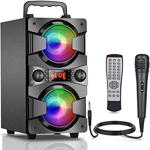 60W Bluetooth Speaker Portable Wireless Speakers with Double Subwoofer Heavy Bass, FM Radio, Microphone, Lights, Remote, EQ, Loud Stereo Sound System Speaker for Home Outdoor Party Camping Gifts(1MIC)