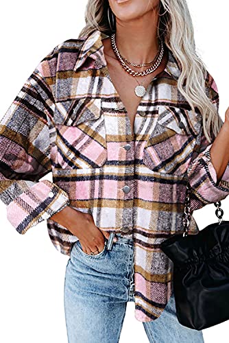 Magritta Winter Plaid Shirts for Women with Pockets Cuffed V Neck Collared Long Sleeve Roll Up Button Down Shacket Jacket Petite Tops Pink Small