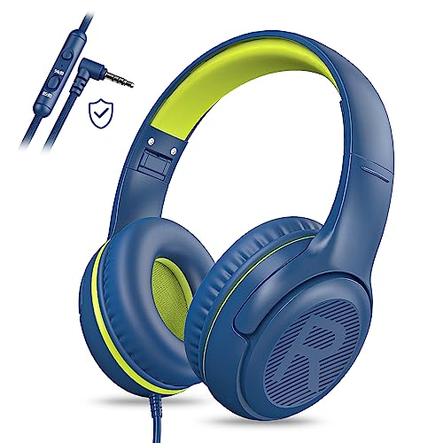 Kids Headphones for School Toddler Wired with Microphone Plug in Bulk Boys Headset Girls 3+ Year Old Blue Green shareport Phones Teen Volume Control Airplane Two People Childrens Babies Over Ear