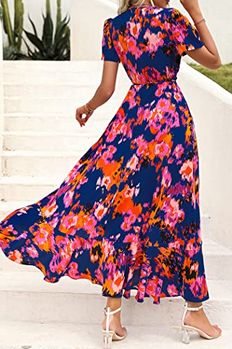 PRETTYGARDEN Women's Summer Wrap Maxi Dress Casual Boho Floral V Neck Short Sleeve Ruffle Hem Split Beach Long Dresses (Blue Orange Floral,XX-Large)