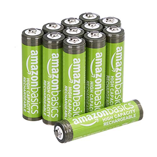 Amazon Basics 12-Pack Rechargeable AAA NiMH High-Capacity Batteries, 850 mAh, Recharge up to 500x Times, Pre-Charged