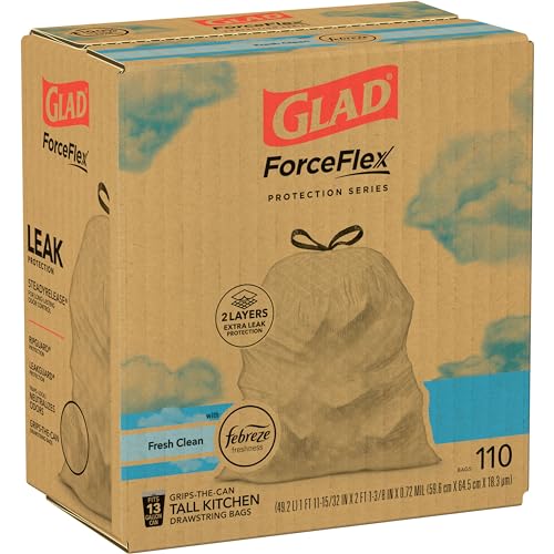 Glad ForceFlex Tall Kitchen Drawstring Trash Bags, 13 Gal, Fresh Clean, 110 Ct, Pack May Vary